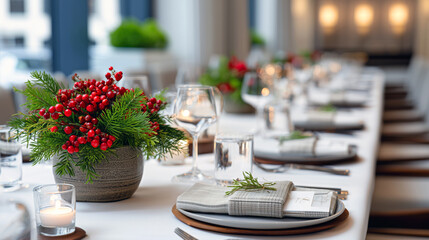 Table with a white tablecloth and a centerpiece of red berries. The table is set with wine glasses, forks, knives, and spoons. Scene is festive and celebratory, as it is a Christmas table setting