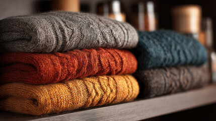 Stack of sweaters on a shelf. The sweaters are of different colors and styles for cozy and warm autumn