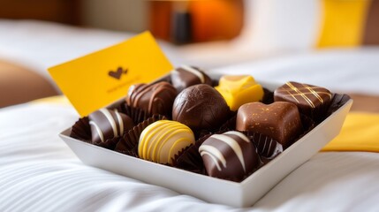 In a beautifully arranged hotel suite, a cozy bed corner features a stylish tray filled with various gourmet chocolates