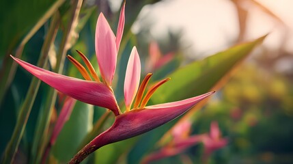 Tropical pink bloom showcases vibrant colors against a soft, sunlit background