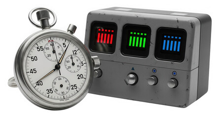 Stopwatch and retro device with colored display isolated on transparent background