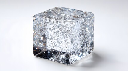 Transparent solid geometric shape contains reflective shimmering particles inside