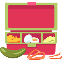 Open Pink Lunchbox Filled With Food Including Hard Boiled Egg Slices Yellow Cheese And A Sandwich With Cucumber Slices And Orange Bell Pepper Rings Scattered Around The Front With A White Background