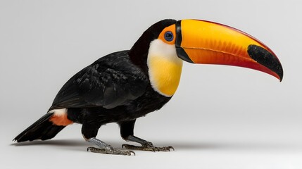 Obraz premium Vibrant tropical bird with prominent colorful beak stands against a neutral backdrop