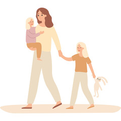 Mother Holding Young Child While Older Daughter Walks Beside Her Holding A Toy Rabbit On A Transparent Background