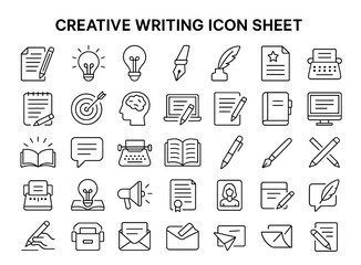 Fototapeta premium Creative Writing Icons: A comprehensive collection of meticulously crafted line icons representing the essence of creative writing, designed to inspire, inform, and engage. 