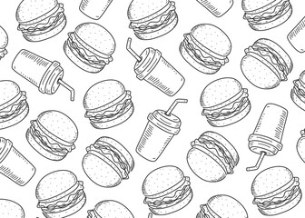 Seamless burgers and soft drinks hand-drawn sketch pattern in black and white. Ideal for fast food-themed designs, restaurant branding, packaging, or promotional materials