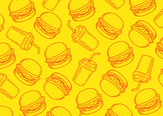 Seamless burgers and soft drinks hand-drawn sketch pattern in yellow background. Ideal for fast food-themed designs, restaurant branding, packaging, or promotional materials