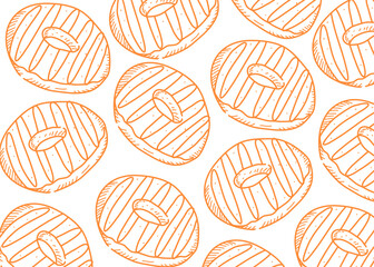 Seamless hand-drawn pattern of donuts with striped toppings, in brown doodle style. Perfect for backgrounds, food packaging, bakery branding, and sweet-themed design projects