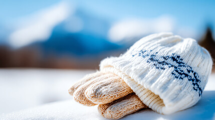 Cozy winter accessories arranged on snow-covered ground, showcasing warm gloves and a knitted hat with a snowy mountain backdrop.