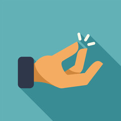 Cartoon hand snapping fingers, creating a clicking sound, simple flat design with long shadow
