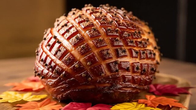 A traditional baked holiday ham with a sweet glaze and cloves, presented on a wooden board with fall foliage for a festive feast