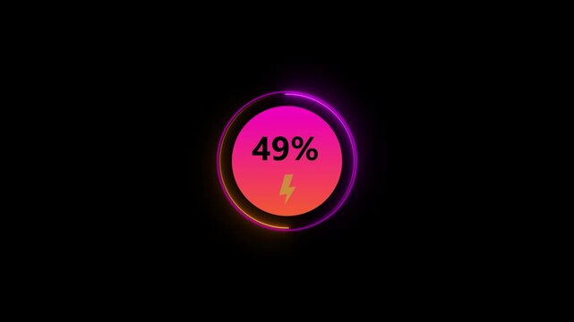 Neon Glowing loading animation counting from 0 to 79% percent. Charging screen 79% percent, screen call phone display charging battery on black background.