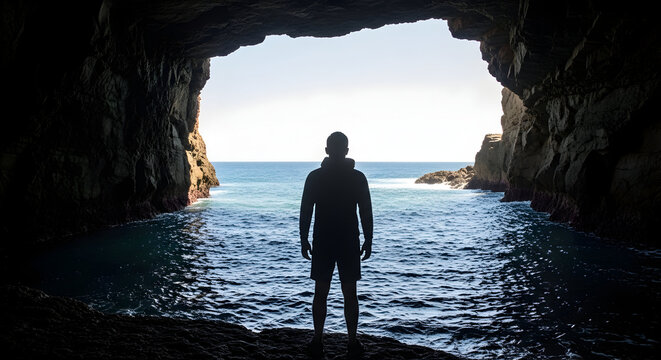 Silhouette of a Man Standing at the Entrance of a Coastal Cave Overlooking the Tranquil Ocean Waters with a Bright Horizon in a Scenic Landscape