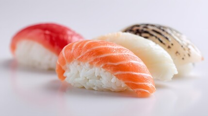 Four pieces of brightly colored nigiri sushi arranged in a shallow depth of field composition