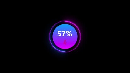 Neon Glowing loading animation counting from 0 to 91% percent. Charging screen 91% percent, screen call phone display charging battery on black background.