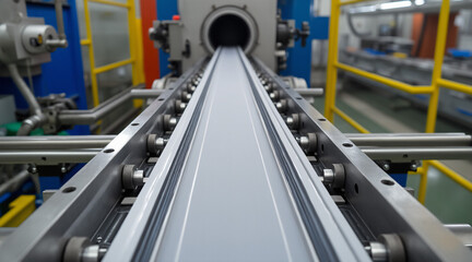 Industrial Production Line with Conveyor Belt and Machinery in Modern Factory Setting