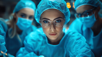 Focused medical professionals in blue scrubs and masks engage in a vital surgical procedure, showcasing teamwork in healthcare.