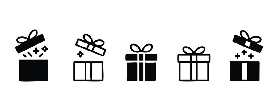 Open and Closed Gift Box Icons Set, Vector Silhouette and Outline Present Icons, Surprise or Giveaway Box Icons, vector, illustration