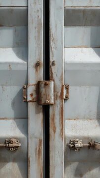 Rusty metal shipping container doors with locks and hinges