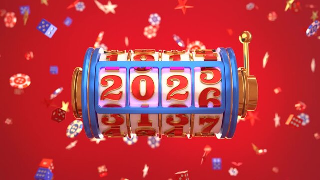 Slot machine spinning to 2026 New Year celebration, Lucky spin casino theme for the New Year