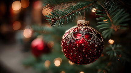 Red christmas ornament decorating pine tree branches