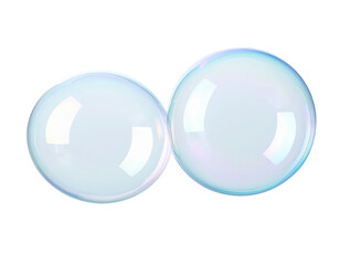 Two iridescent soap bubbles floating side by side on white background.