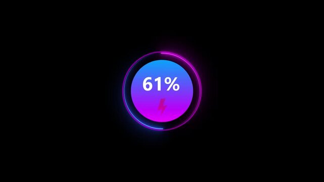 Neon Glowing loading animation counting from 0 to 97% percent. Charging screen 97% percent, charging battery on black background.