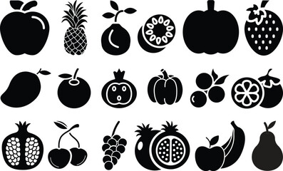 Food fruits glyph icon set. Vector pictograms of banana, strawberry, pineapple, watermelon, grapes, mango, blueberries, peach, cherry, lemon, avocado, pear, kiwi, black sign silhouette illustration. 