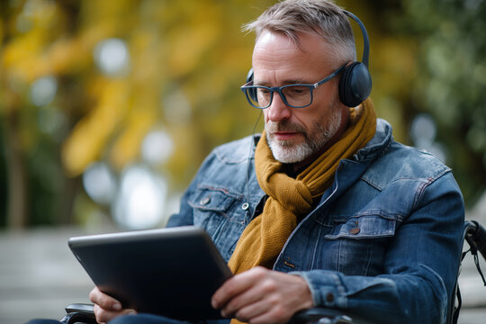A man wearing glasses and a scarf is sitting on a bench and using a tablet