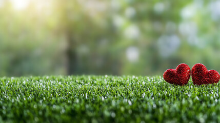 Obraz premium Two heart-shaped decorations on lush green grass, symbolizing love and romance in a serene outdoor setting.