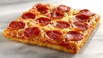 Square pepperoni baked dough topping cheese food rests on reflective surface