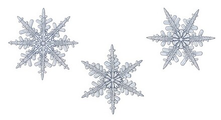 Set of Three Detailed Snowflakes Isolated on White Background for Winter Design
