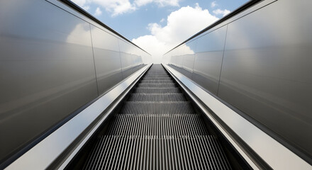 Obraz premium Innovative Perspective View of Modern Architectural Walkway With Intricate Patterns and Reflections Against a Clear Sky with Soft Clouds