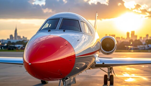 Red And White Private Jet at Airport with Golden Sunset Sky and Distant Cityscape in Evening Time