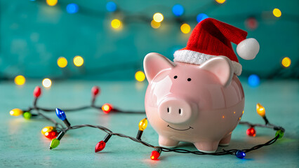 Cute Piggy Bank with Santa Hat and Christmas Lights on Blue Background