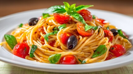 Cooked spaghetti pasta dish with ripe tomatoes, black olives, and fresh basil leaves served on a white plate