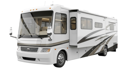 Modern White Class A Motorhome RV with Slide-out on White Background