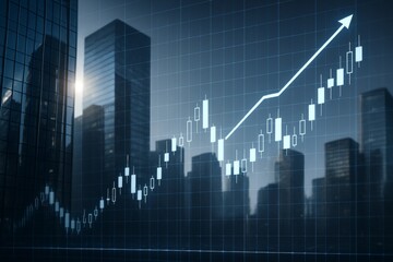 Financial candlestick chart with upward trend arrow overlay on glass skyscraper background in digital futuristic business concept style. Ai generative