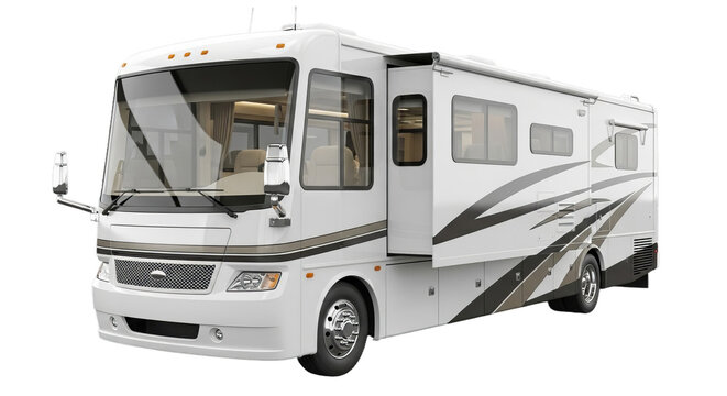 Modern White Class A Motorhome RV with Slide-out on White Background