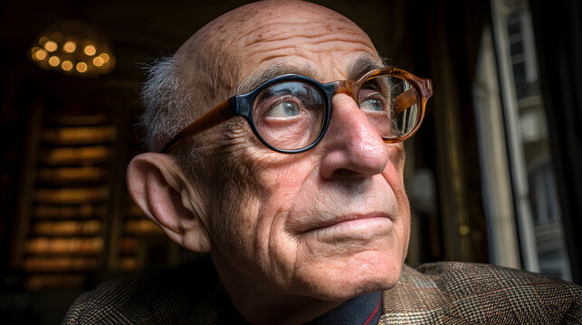 Elderly man wearing glasses looking up thoughtfully indoors