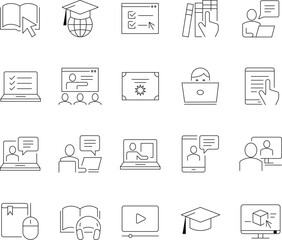 Modern line icons representing online learning digital education and remote study concepts for digital platforms