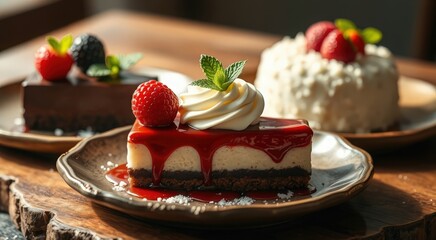 A tempting assortment of desserts featuring a creamy cheesecake with raspberry sauce, chocolate cake, and a fluffy white cake, beautifully presented on rustic plates.