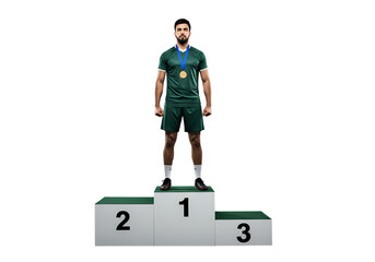 Champion athlete stands proudly on podium winning gold medal