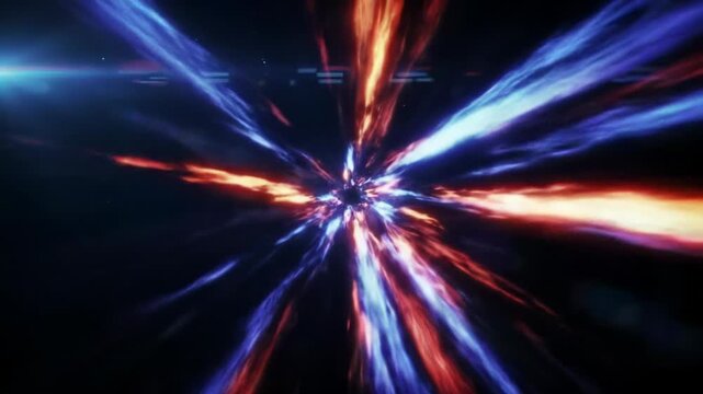 Immersive first-person POV video accelerating through an abstract interdimensional hyperspace tunnel, with dynamic glowing blue, purple, red, orange light trails and motion blur. Futuristic warp