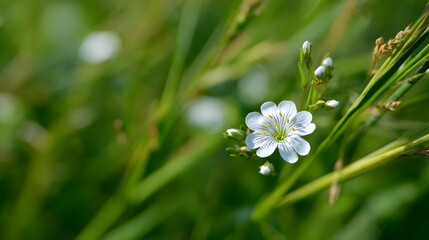 Delicate white wildflower blooms amidst tall green grass stalks in a natural setting