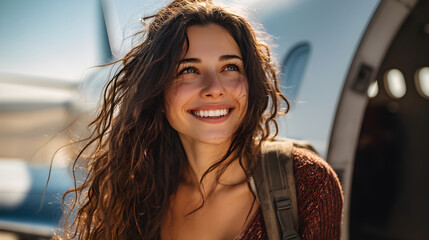 Happy young woman traveling by private airplane