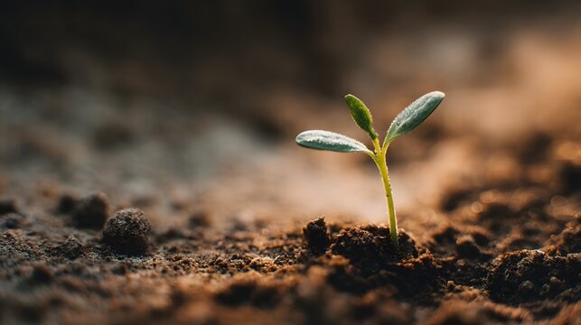 Small green sprout emerges from dark, rich soil with warm background light