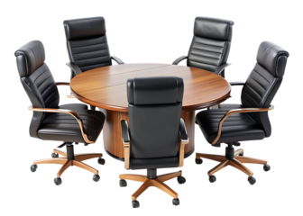  Six Black Leather Chairs Around a Wooden Boardroom Table isolated on white  background ,PNG. AI Generated
