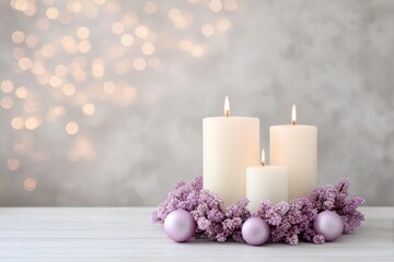 Three white candles surrounded by lavender flowers and pink ornaments create a serene holiday atmosphere with soft bokeh lights in the background for New Year and Christmas celebrations